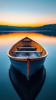 Wooden boat floating on calm lake water at sunset with golden sky reflection, mountain silhouettes in background creating serene outdoor scene.