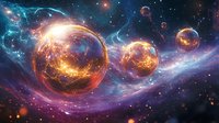 Glowing spherical planets float in cosmic space amid colorful nebulas and stars, creating mystical celestial scenery with orange and purple hues in deep universe.