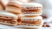 Sweet French macarons with caramel cream filling stacked on white surface, selective focus on front cookies with soft blurred background in warm tones.