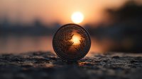 Golden coin with tree design silhouetted against sunset sky, creating artistic perspective with sun visible through coin's cutout pattern.