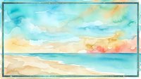 Watercolor seascape with sandy beach, turquoise ocean, and colorful sunset sky featuring soft clouds in warm and cool tones. Suitable for home decor and travel designs.