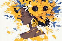 Young African American woman profile with sunflowers in her hair, blue leaves and golden petals floating around, wearing decorative earrings and necklace, artistic style.