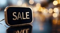 Golden sale sign with blurred bokeh lights background creates festive shopping atmosphere. Elegant retail display for seasonal promotions and special offers.