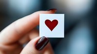 Female hand with dark burgundy manicure holding small white paper card with red heart symbol against blurred blue background, romantic message concept.