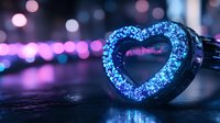Glowing blue heart-shaped light against blurred bokeh background creates romantic atmosphere with neon purple tones, perfect for Valentine's Day or love themes.