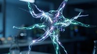 Glowing electric neuron with lightning bolts in a dark lab, symbolizing brain activity, neural networks, and artificial intelligence research.
