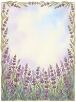 Watercolor lavender frame border with purple flowers and green stems on soft pastel background for wedding invitations, greeting cards and stationery design.