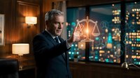 Middle-aged Caucasian businessman in dark suit touching glowing digital justice scales hologram in modern office with city lights background at night.