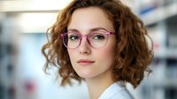 Young Caucasian woman with curly brown hair wearing stylish pink glasses frames looking confidently at camera against blurred office background.