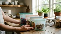 Hands organizing colorful vegetables and nuts in reusable silicone food storage bags on wooden kitchen counter for meal prep and sustainable living.