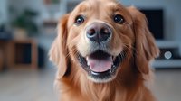 Happy golden retriever dog with friendly smile and bright blue eyes looking at camera in cozy home environment, close-up portrait showing pure joy and companionship.