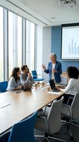 Mature woman with gray hair, Caucasian ethnicity, wearing blue blazer, leading business meeting with three colleagues in modern office conference room with floor-to-ceiling windows and data chart display.