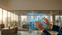 Young professional with medium skin tone wearing business attire interacting with transparent digital display showing data analytics charts in modern office with city skyline view, representing technology innovation and business solutions.