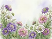 Watercolor wildflowers in purple, pink and white tones on soft pastel background with copy space for greeting cards or prints.