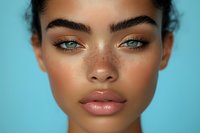 Close-up portrait of a young woman with medium skin tone, freckles, and green eyes against a blue background. Suitable for beauty, skincare, cosmetics, and wellness marketing.
