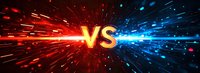 Glowing versus text with explosive red and blue light effects on dark background, dynamic motion streaks and particles radiating from center collision point.