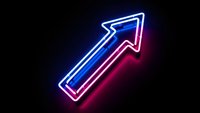Neon arrow pointing upward with blue and pink glowing lights on dark background for business growth and success concepts.