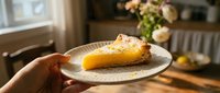 Slice of lemon tart with powdered sugar on a ceramic plate held by hand in a sunny kitchen with flowers in background.