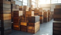 Stacked wooden crates and boxes in sunlit warehouse interior create atmospheric industrial storage scene with warm morning light streaming through windows.