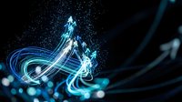 Digital mountain peak with glowing blue energy trails and light streams on dark background for technology and innovation concepts.