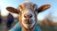 Close-up portrait of curious brown goat with large ears looking directly at camera, blurred natural farm background, soft focus for agriculture and livestock concept.