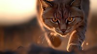 Close up portrait of gray cat with intense amber eyes in golden sunset light, walking forward with determined gaze and focused expression against blurred background.