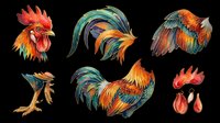Rooster head illustrations in vibrant orange, red, and teal colors, isolated on transparent background. Ready for t-shirt designs, clipart, stickers, sublimation, and print-on-demand products.