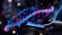Glowing DNA helix hologram floating above smartphone screen with sparkles and bokeh lights in dark blue and pink colors, futuristic genetic technology concept.
