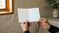 Senior man with dark skin tone holding open blank white greeting card or invitation indoors, suitable for holiday messages, announcements, and marketing campaigns.