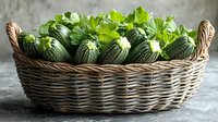 Fresh green zucchini squash vegetables with leaves in rustic woven wicker basket on gray concrete background, healthy organic produce.