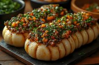 Grilled hot dogs topped with fresh chopped vegetables, herbs and sauce on rustic black slate plate, close-up view of gourmet street food preparation.