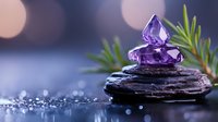 Purple crystal pyramid on black zen stones with green pine needles against blurred bokeh background creating peaceful spa atmosphere.