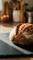 Freshly baked artisan sourdough bread loaf on slate board in rustic kitchen with warm sunlight, homemade bakery concept.