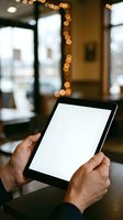 Person holding tablet with blank white screen in retail store environment with warm bokeh lights and storefront windows visible in background.