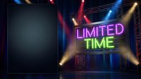 Neon limited time sign glowing on concert stage with colorful spotlights and smoke effects for promotional campaigns and marketing materials.