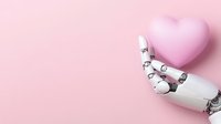 Robotic hand holding pink heart against pink background, representing artificial intelligence and emotional intelligence concept. For technology and healthcare designs.