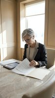 Mature woman, Caucasian, wearing glasses and business attire, reviewing financial documents at desk by bright window in modern office setting.