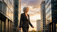 Confident mature businesswoman in pinstripe suit walking through modern city district during golden hour sunset with skyscrapers and urban architecture.