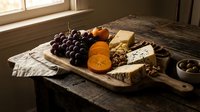Artisanal cheese board with grapes, nuts and crackers on rustic wooden cutting board in warm natural light for gourmet food styling and culinary presentations.