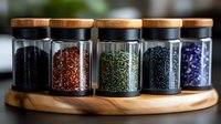 Glass spice jars with wooden lids arranged on round bamboo tray showing colorful seasoning varieties in modern minimalist kitchen storage setup.