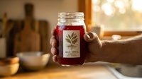 Wild fruit jam jar held in hands with warm kitchen lighting and wooden cutting boards in cozy home setting for food photography and culinary content.