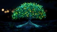 Glowing magical tree with bright green illuminated crown and blue luminescent roots against dark background with bokeh lights creates mystical atmosphere.