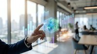 Businessman hand touching holographic cube with building wireframe in modern office space with city skyline view, representing digital architecture and smart building technology.