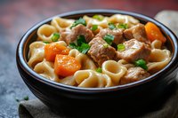 Hearty pasta soup with tender pork chunks, carrots, shell pasta and fresh herbs in rich broth served in rustic ceramic bowl on dark background.
