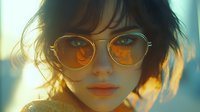 Young Asian woman with short dark hair wearing vintage round sunglasses with orange lenses in warm golden sunlight creating dreamy atmospheric portrait.