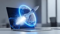 Modern laptop with holographic rocket launch emerging from screen displaying digital innovation and startup technology concepts in office setting.