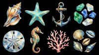 Watercolor ocean clipart set with seashells, starfish, anchor, sea glass, sand dollar, seahorse, coral, isolated on transparent background, ready for stickers, t-shirt design, print on demand.