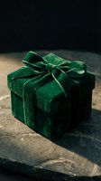 Luxury dark green velvet gift box with elegant bow on stone surface, moody dark background for holiday, Christmas or premium gifting concepts.