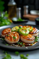 Pan-seared scallops garnished with fresh cucumber, sesame seeds and herbs served on gray plate with teriyaki glaze, close-up view of gourmet seafood dish.
