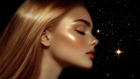Young woman with glowing skin and closed eyes against starry night sky background, highlighting ethereal beauty and cosmic connection. Artistic beauty portrait.